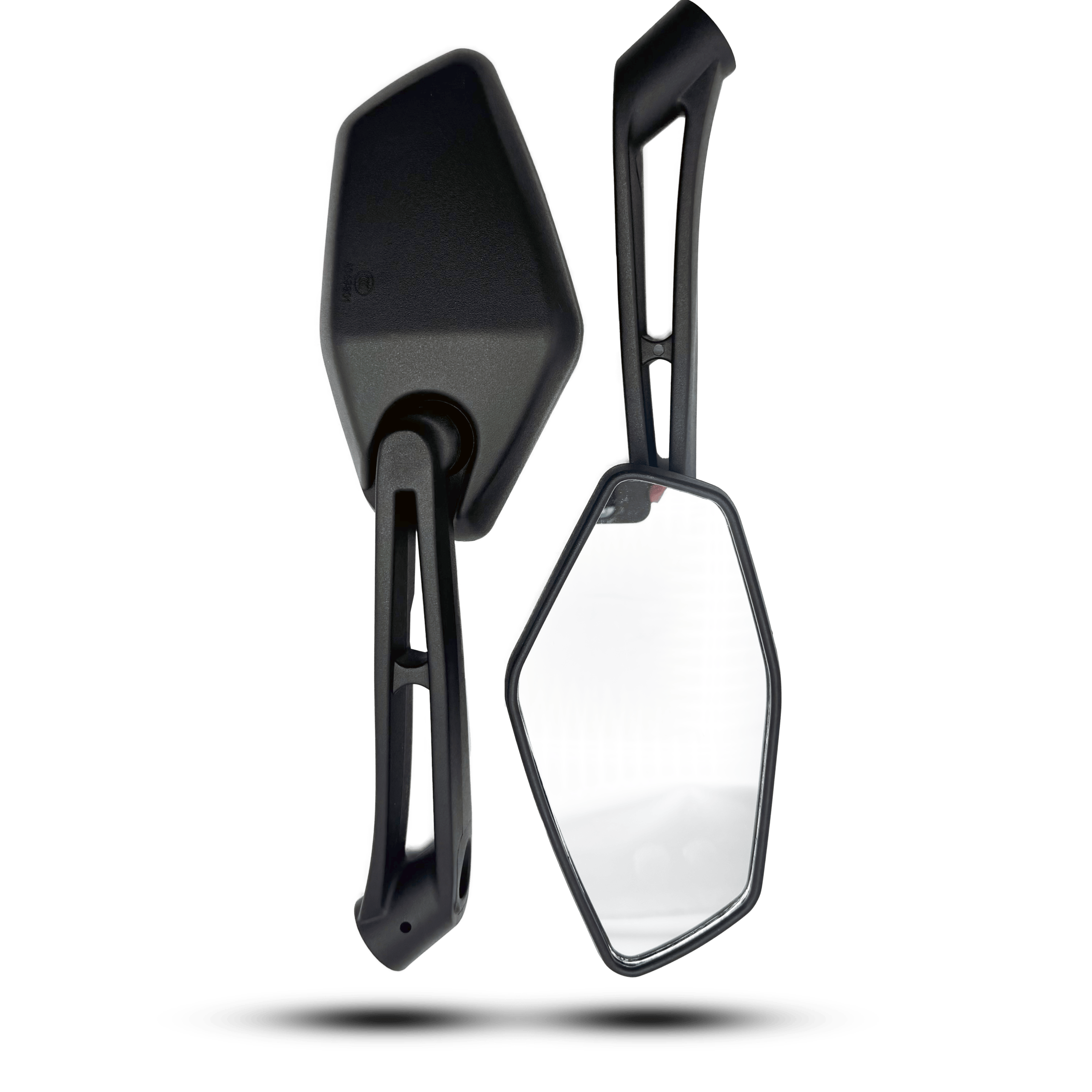 Black side mirror benelli style set; one with visible reflective surface, showcasing sleek, modern design.