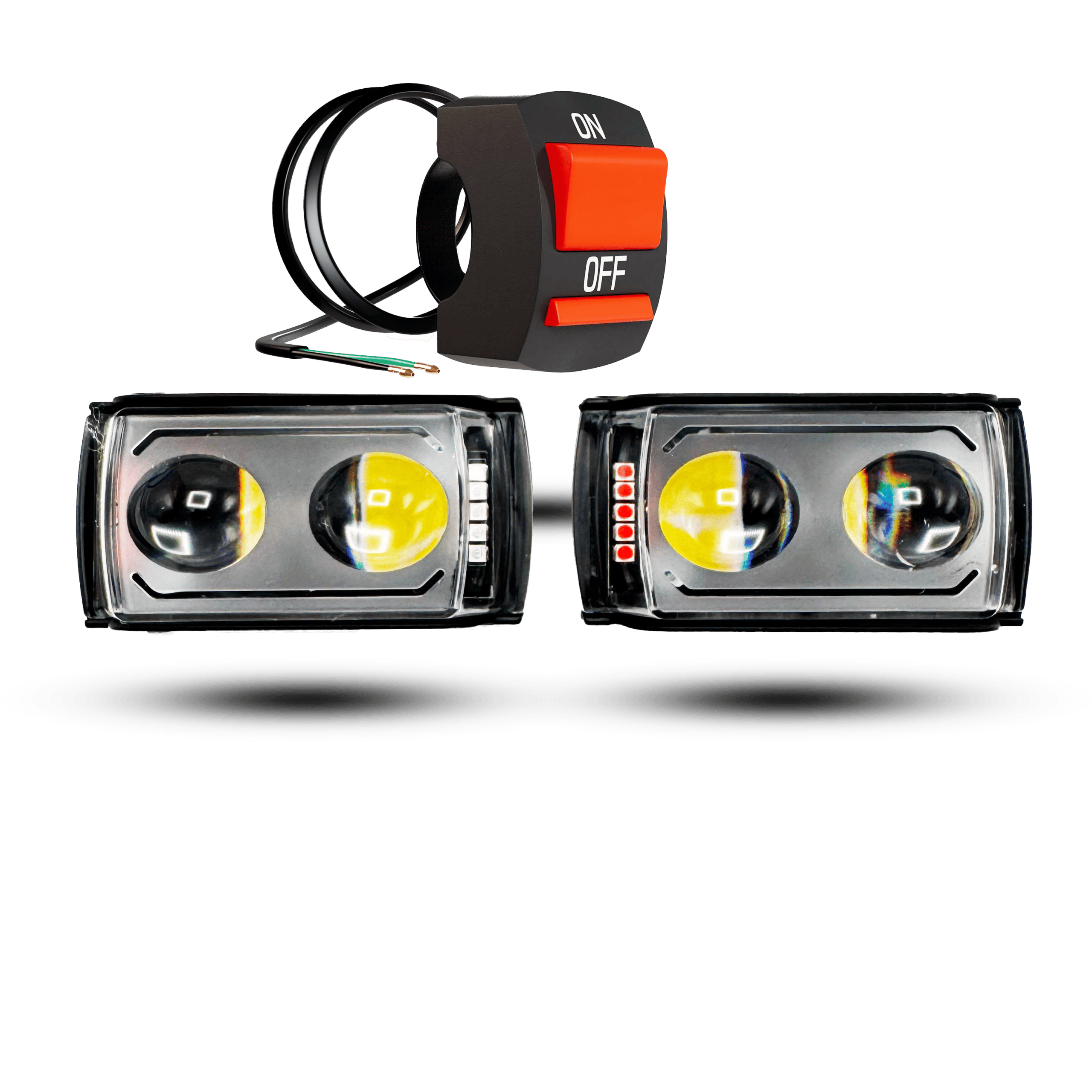 dolphin-style led deal: twin rectangular lights with silver finish and yellow lenses, plus a handlebar on/off switch