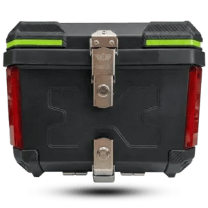 Top-down view of a black 45L motorcycle top case with red reflectors, green high-vis strips, and stainless steel locking latches.