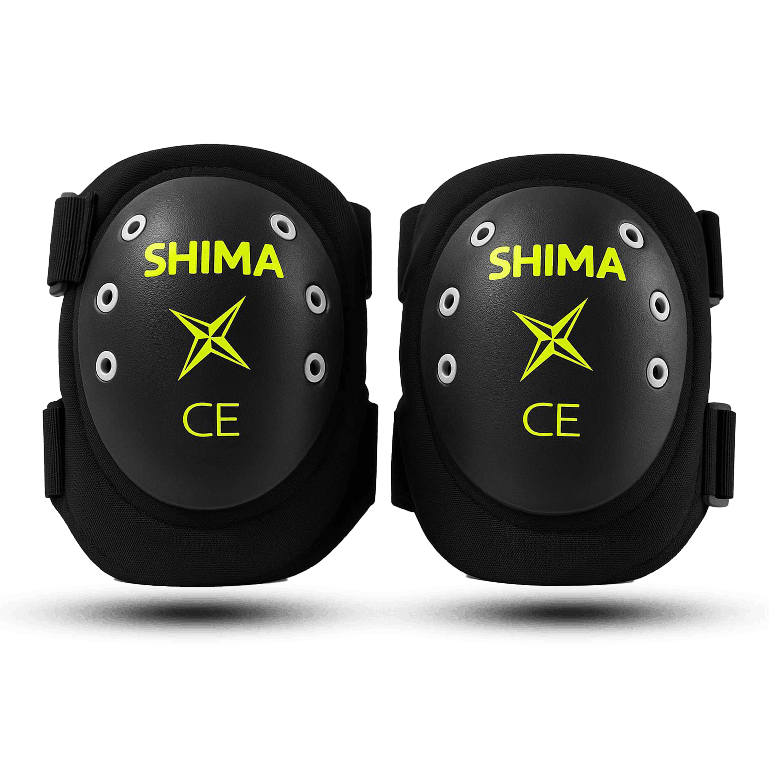 Black safety knee pads with yellow shima logo and CE marking, offering reliable protection
