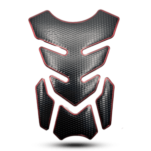 Black carbon fiber tank pad 3d with a striking red trim, designed to protect motorcycle tanks from scratches