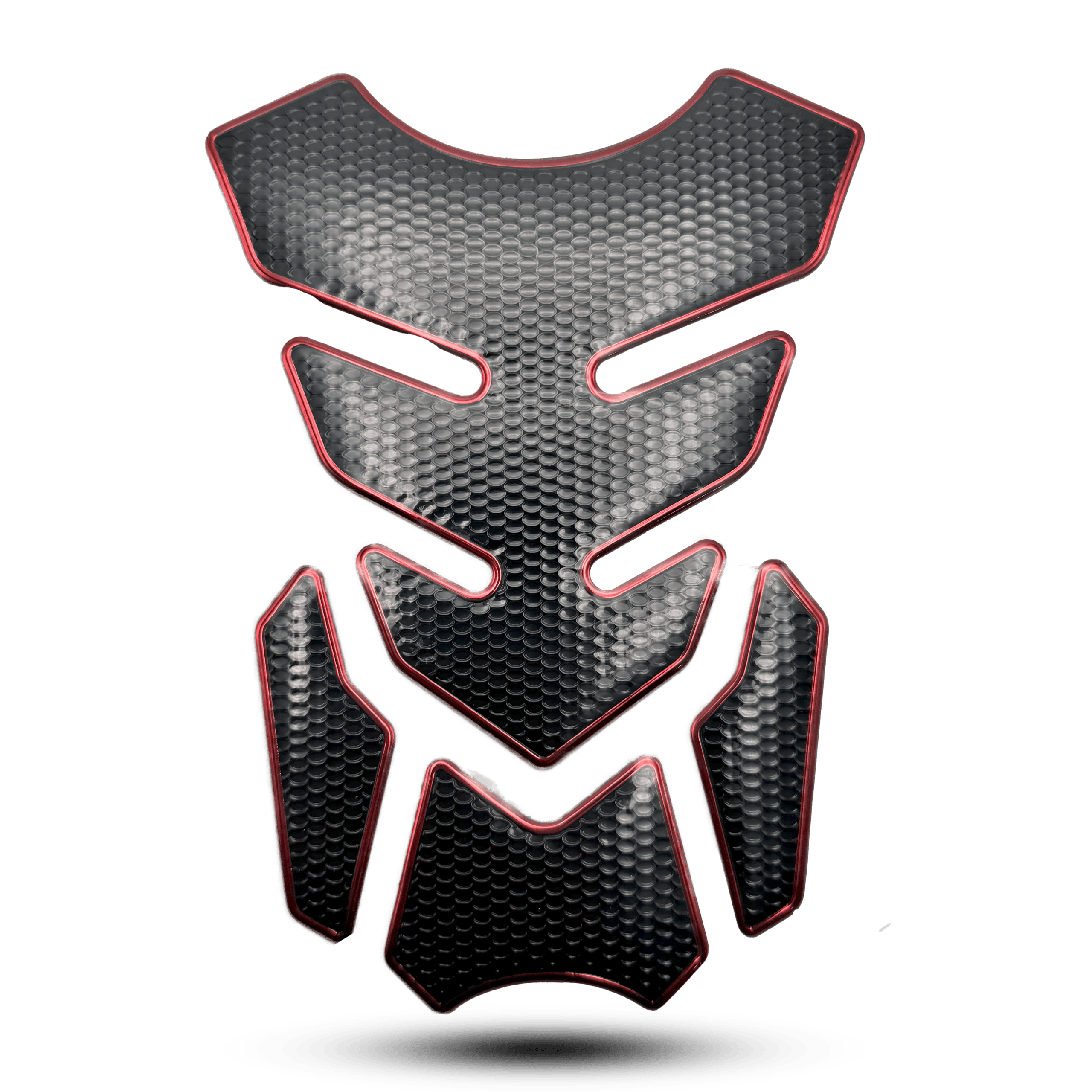 Black carbon fiber tank pad 3d with a striking red trim, designed to protect motorcycle tanks from scratches
