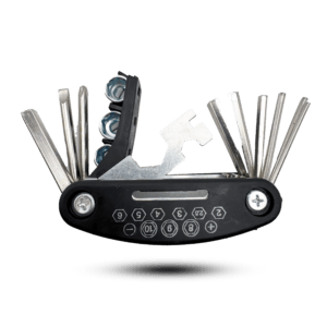 tool kit universal: compact multi-tool with assorted hex keys, screwdrivers, and socket wrenches in silver metal and black casing