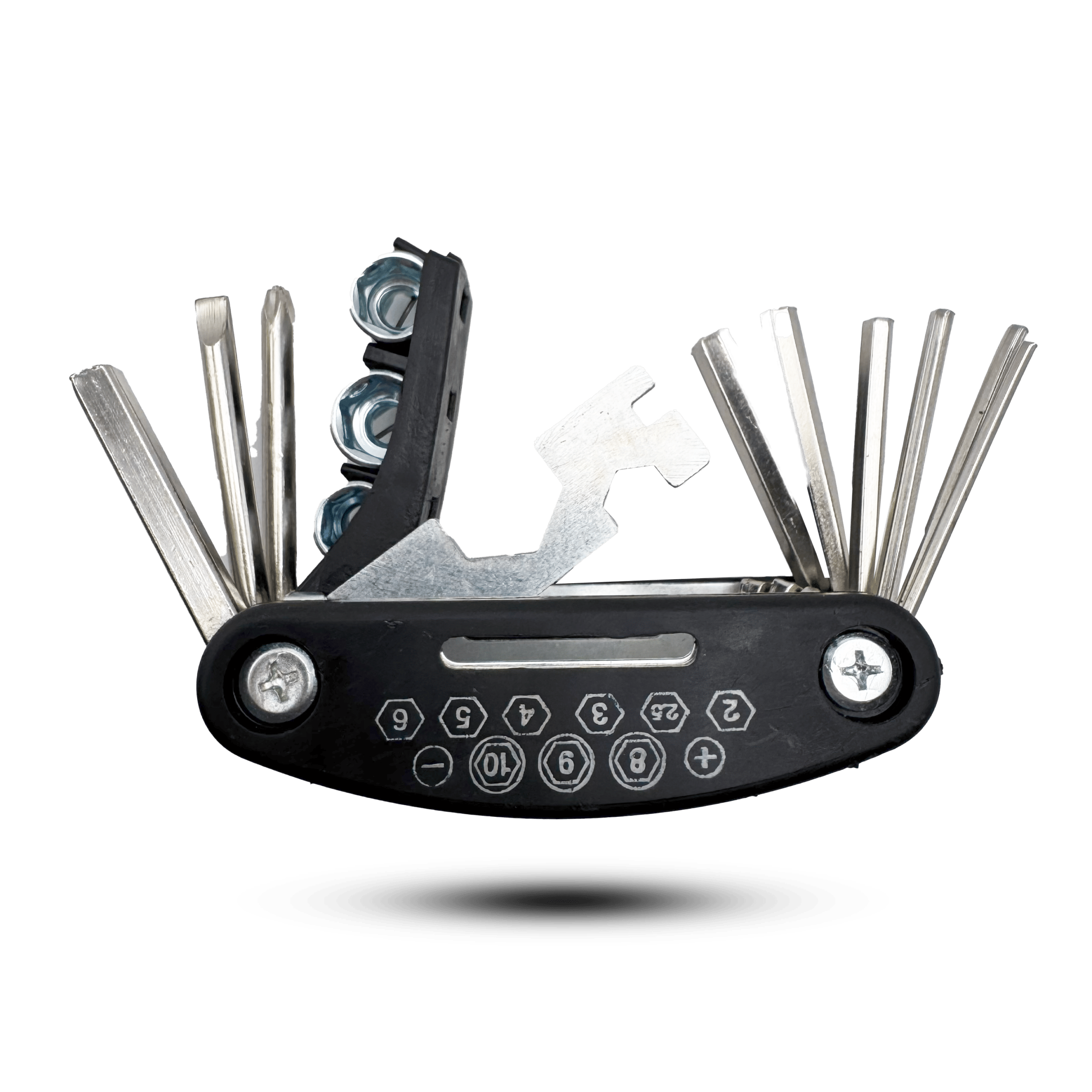 tool kit universal: compact multi-tool with assorted hex keys, screwdrivers, and socket wrenches in silver metal and black casing