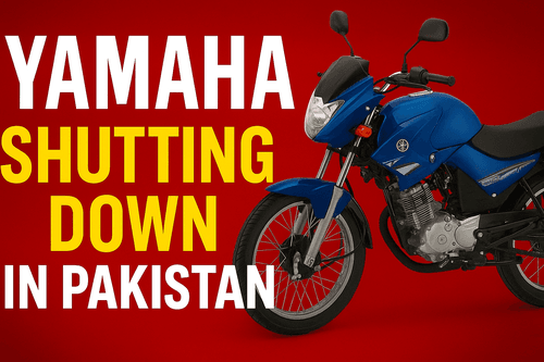 Blue Yamaha YBZ125 motorcycle against a red background, referencing the "Yamaha shutting down in Pakistan" news. The image also includes the text "Yamaha Shutting Down in Pakistan".