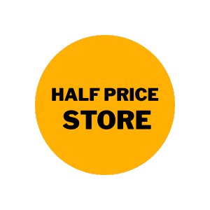 Orange circle with bold black text "HALF PRICE STORE". Great deals on motorbike riding gear and premium bike accessories in Pakistan.