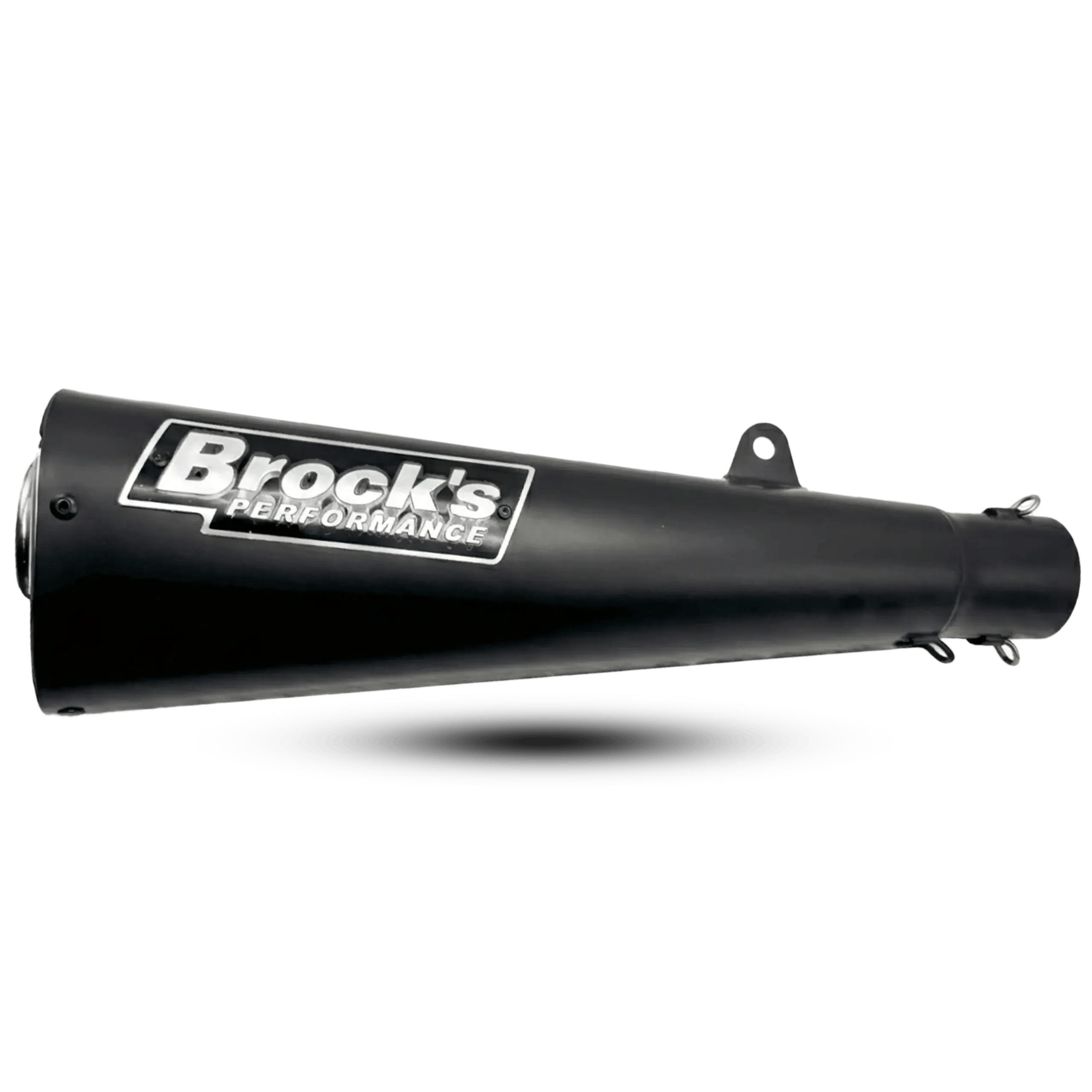 A black megaphone-style motorcycle slip-on exhaust featuring the silver and white Brock's Performance logo plate, shown on a black background.