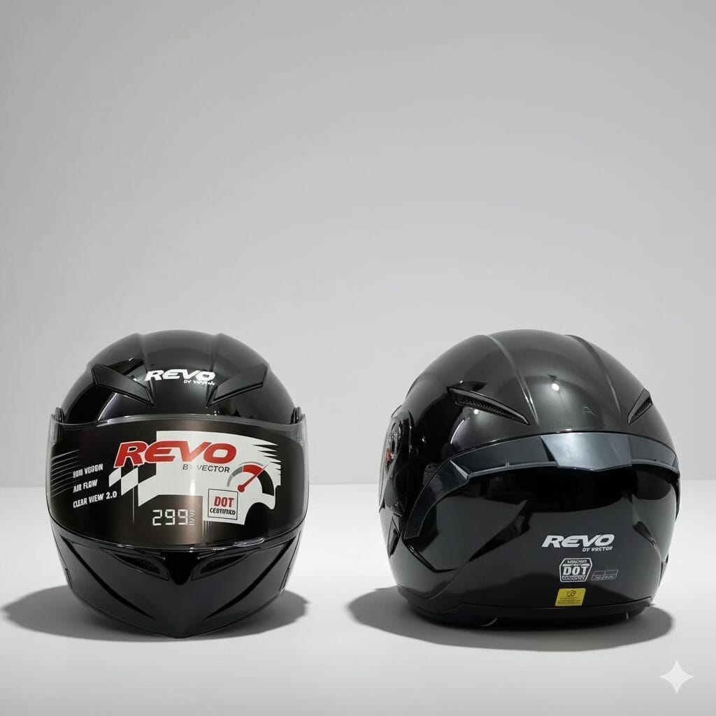 Glossy black vector revo helmet showing front and rear views, DOT certified for safety. Sleek design with air flow vents.