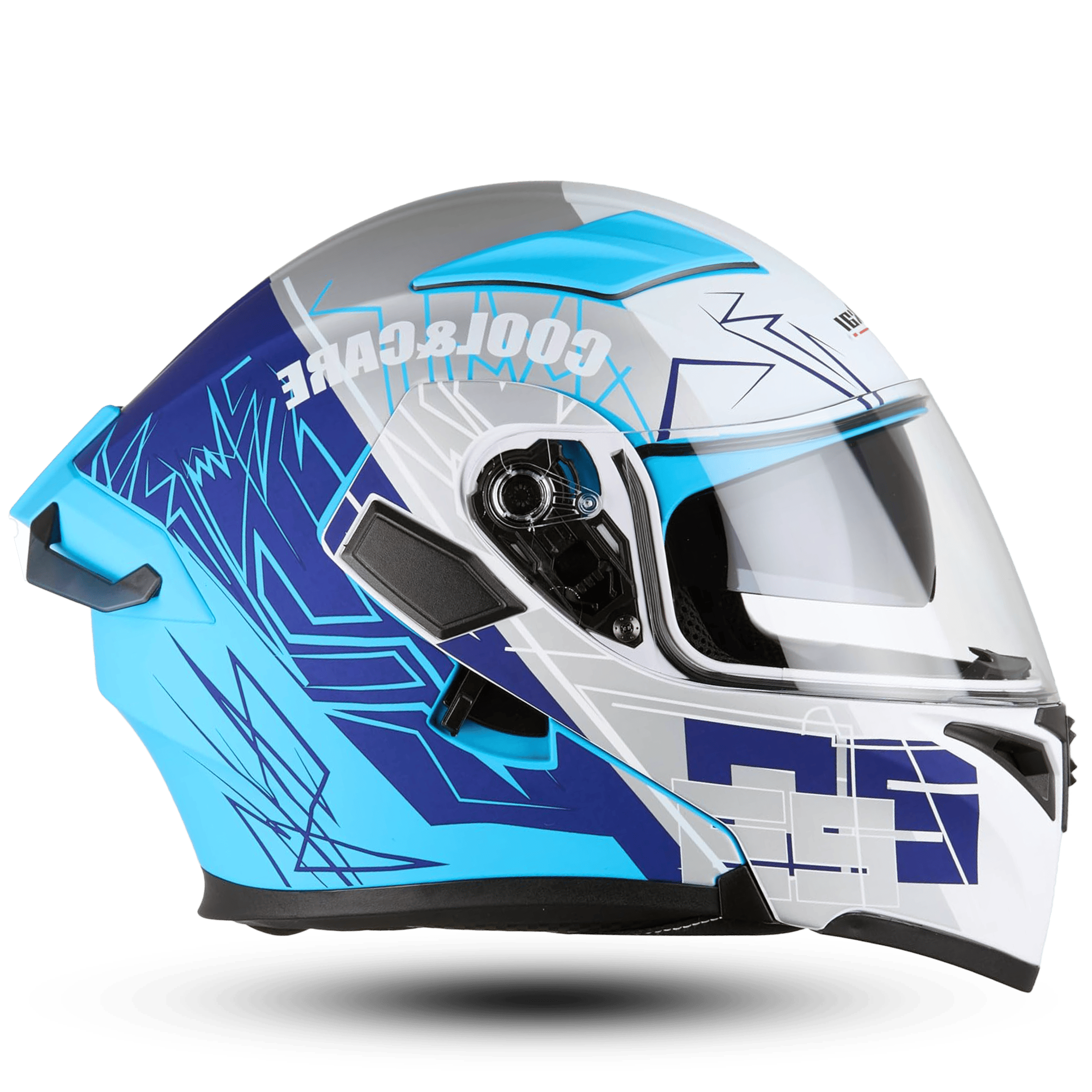 High-Viz Jaikai 902 Modular Motorcycle Helmet - White, Blue & Grey Flash Graphic - Flip-Up, DOT/ECE Export to Sheets SEO