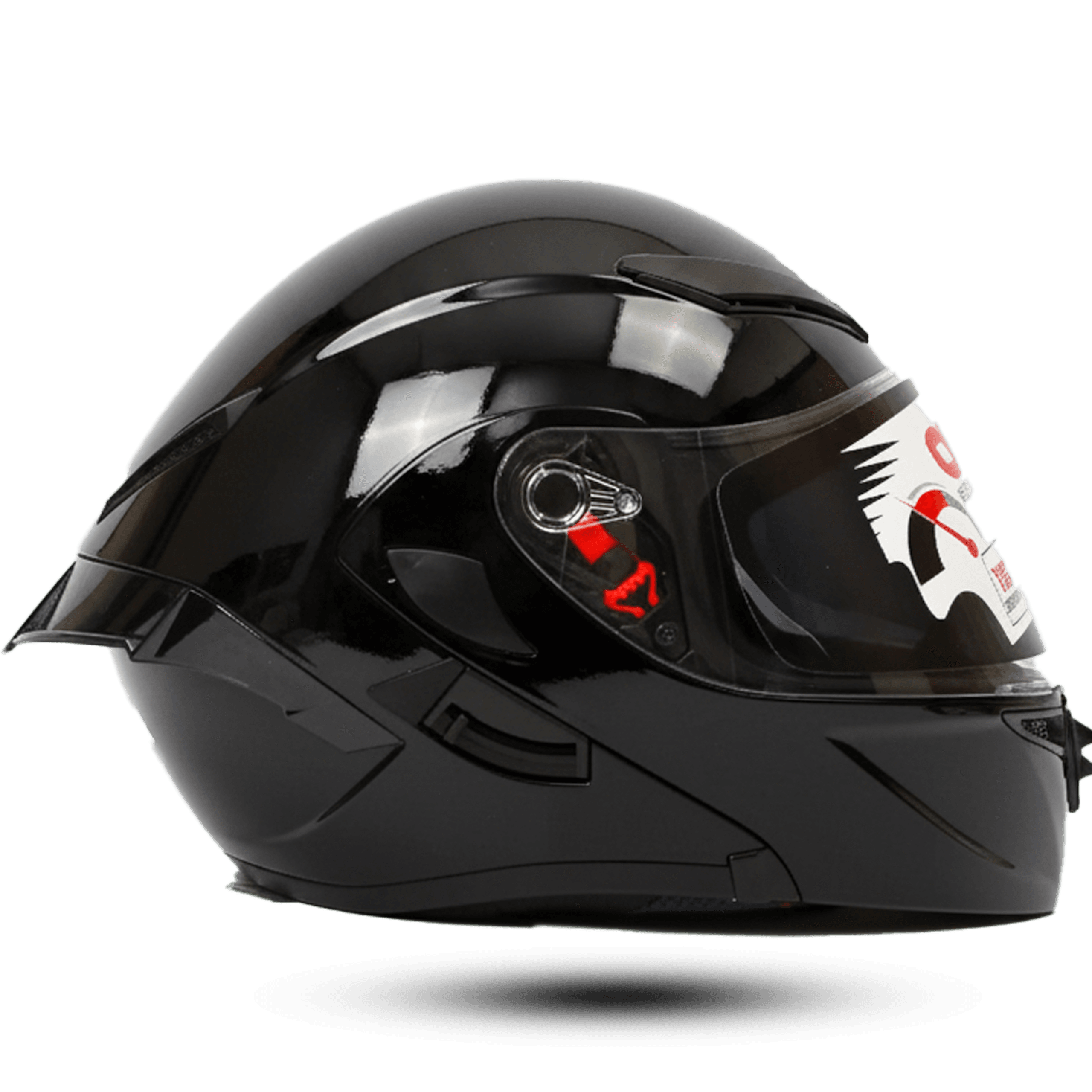 Glossy black helmet vector revo black, a modular motorcycle helmet with a clear visor and red accents.