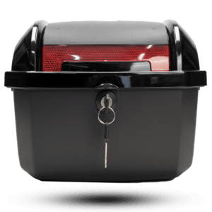 Black top box small s1 with key in lock, featuring a red reflector, designed for scooter or motorcycle storage