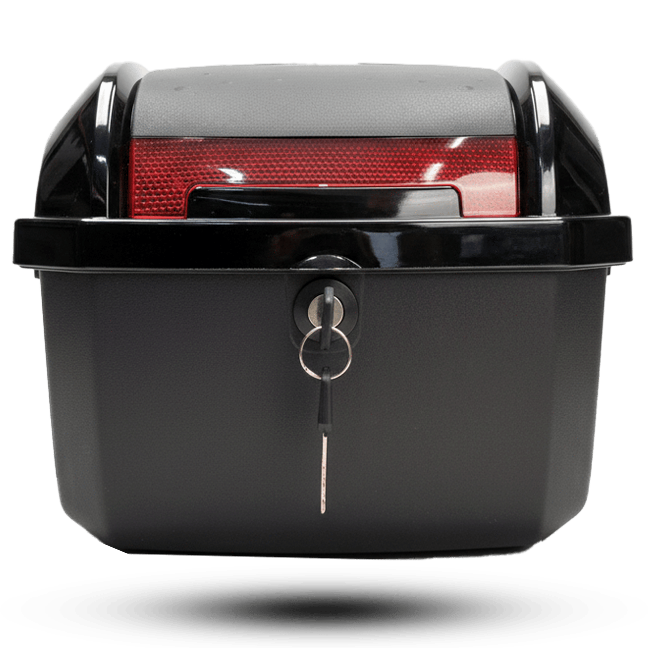Black top box small s1 with key in lock, featuring a red reflector, designed for scooter or motorcycle storage