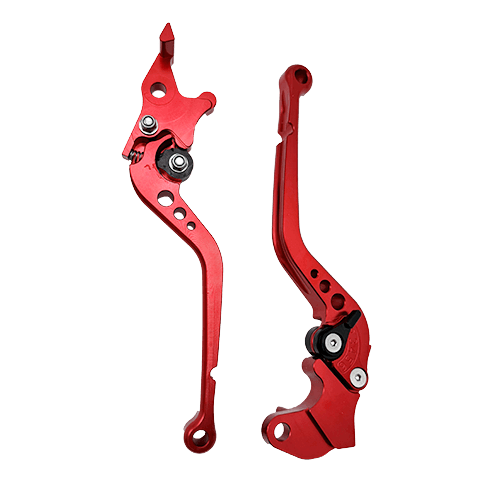 Pair of red anodized CNC machined aluminum motorcycle brake and clutch levers with an adjustable pivot and sportbike design.