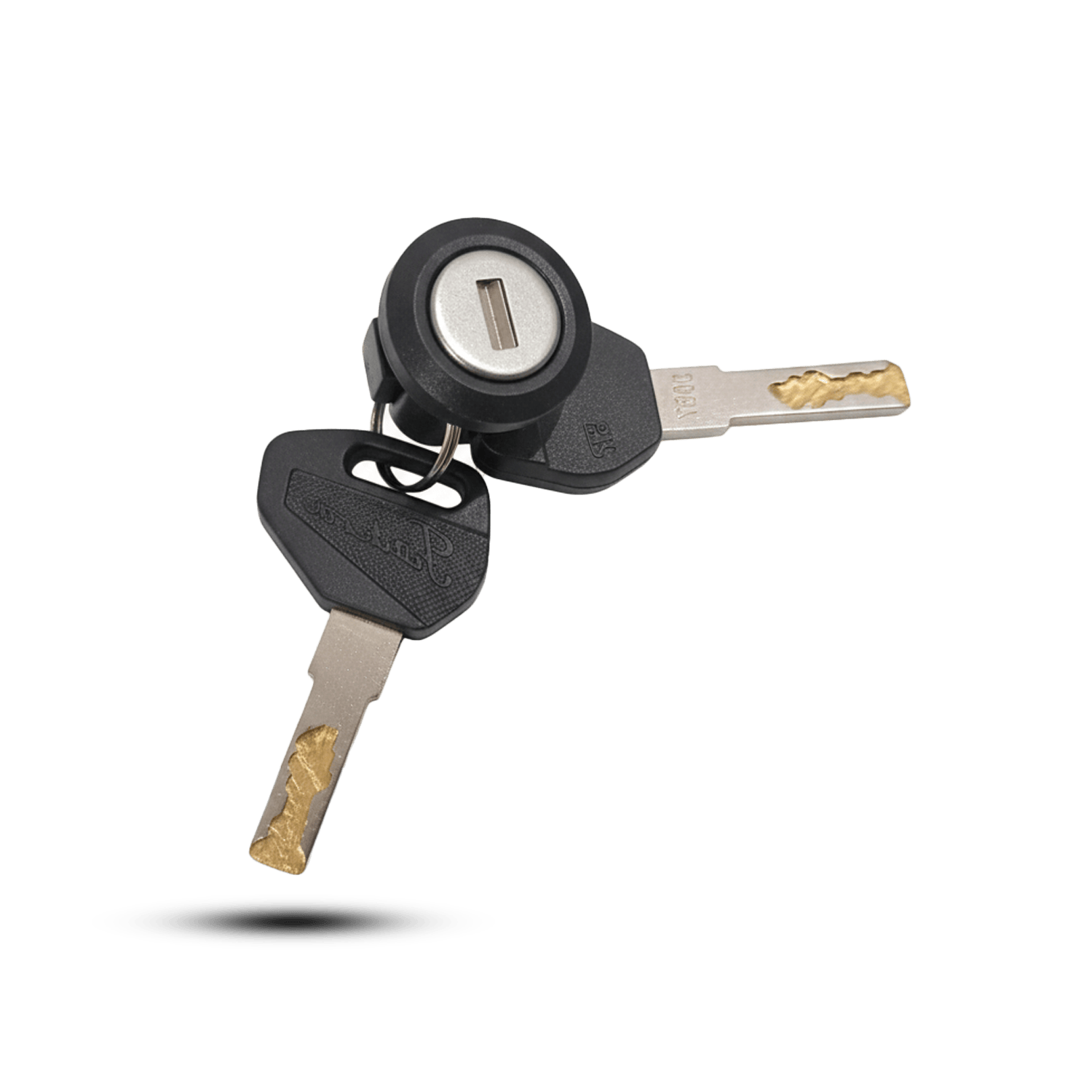 JDR tail box lock & key set. Two keys on a ring with a black and silver lock, used for securing tail boxes.