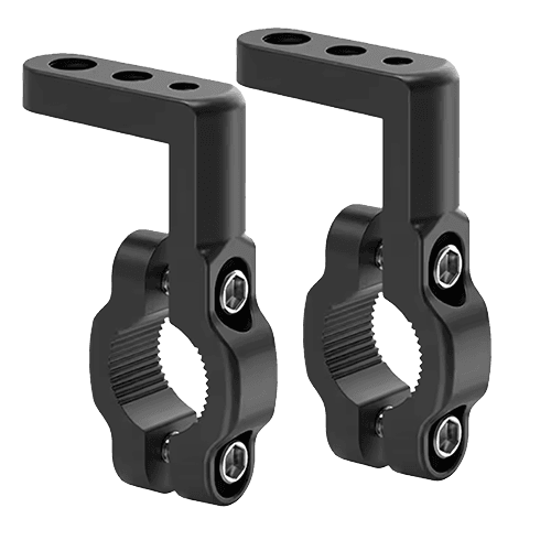 Pair of black aluminum motorcycle clamp mounts (brackets) with multiple mounting holes, designed to attach LED auxiliary lights to handlebars or crash bars.