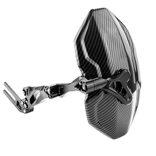 Carbon fiber pattern motorcycle rear hugger/mudguard mounted on an adjustable CNC machined aluminum bracket, used as a splash guard/fender.
