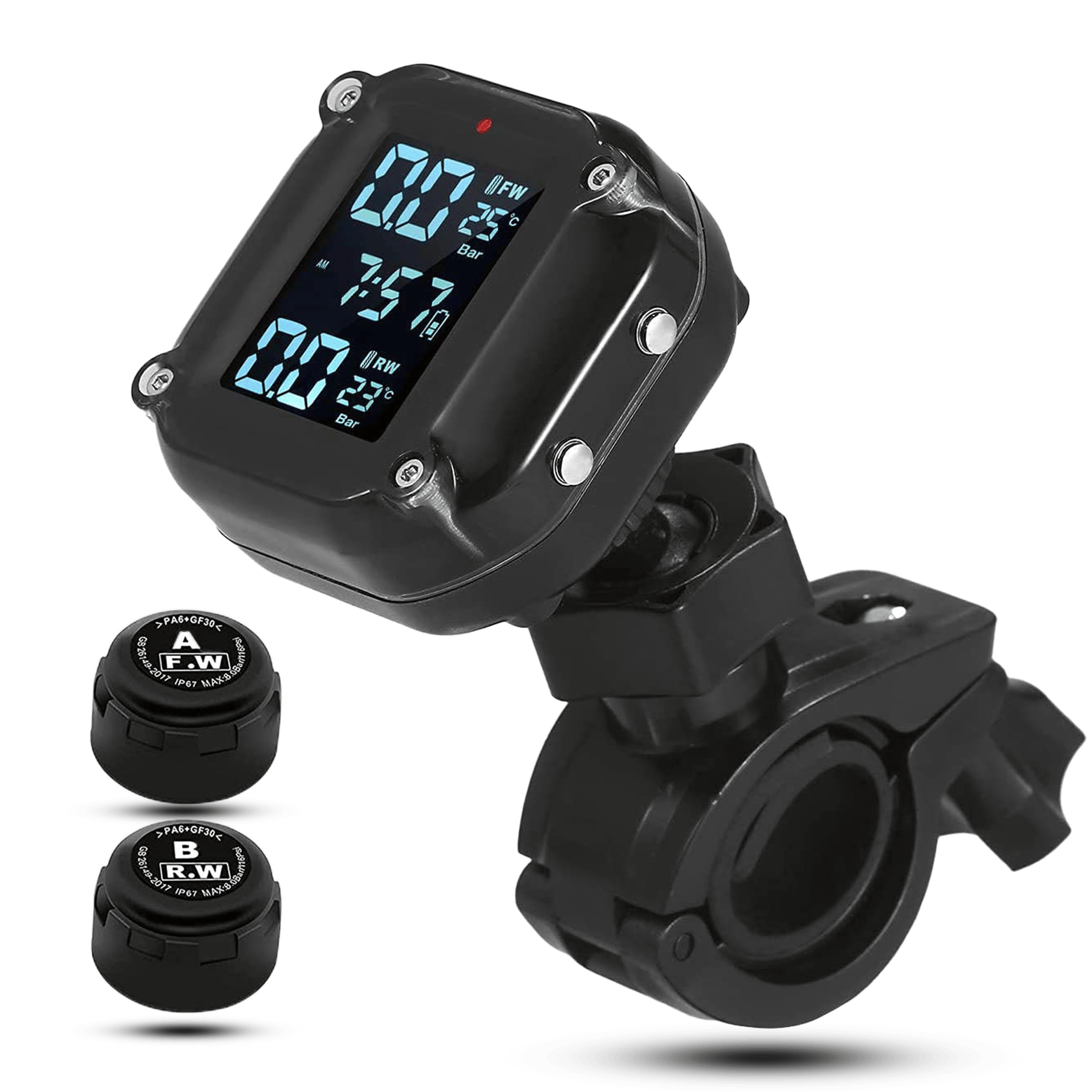 Wireless motorcycle TPMS display unit mounted on a handlebar, showing 0.0 Bar and temperature readings for both front (FW) and rear (RW) tires. Two external tire pressure sensors labeled 'A F.W.' and 'B R.W.' are shown beside the display.