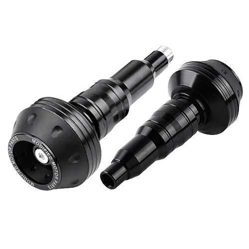 Black universal motorcycle frame crash sliders/protectors made of durable aluminum, shown as a pair, designed to reduce damage during a slide.