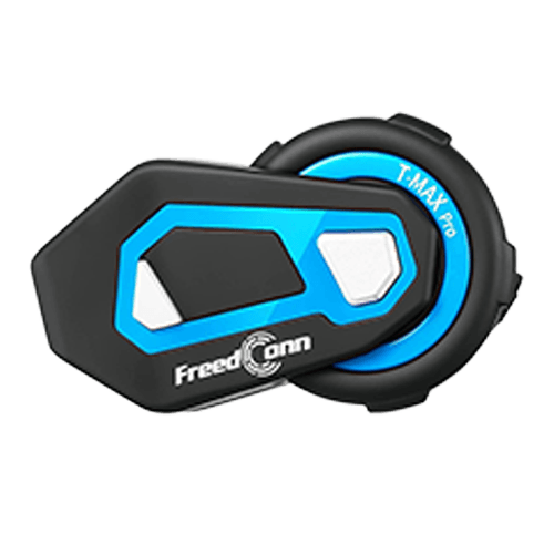 "FreedConn T-MAX Pro waterproof motorcycle helmet Bluetooth headset with blue and black design."