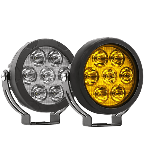 Two round auxiliary LED driving lights, one white and one amber, mounted on metal brackets.