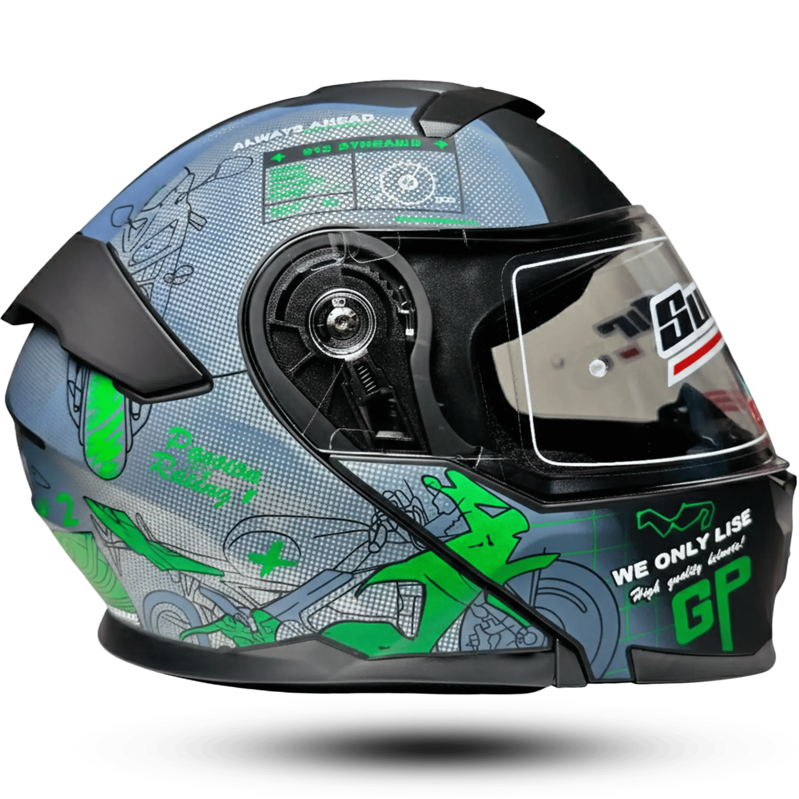 Super Air 912 Dual Visor Modular Flip-Up Helmet – Green GP Graphics, Racing Tech Design, DOT Approved, Size Large (59-60cm)