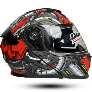 Super Air 912 Dual Visor Modular Flip-Up Motorcycle Helmet – Red/Grey Mecha Graphics, DOT Certified, Size Large (59-60cm)