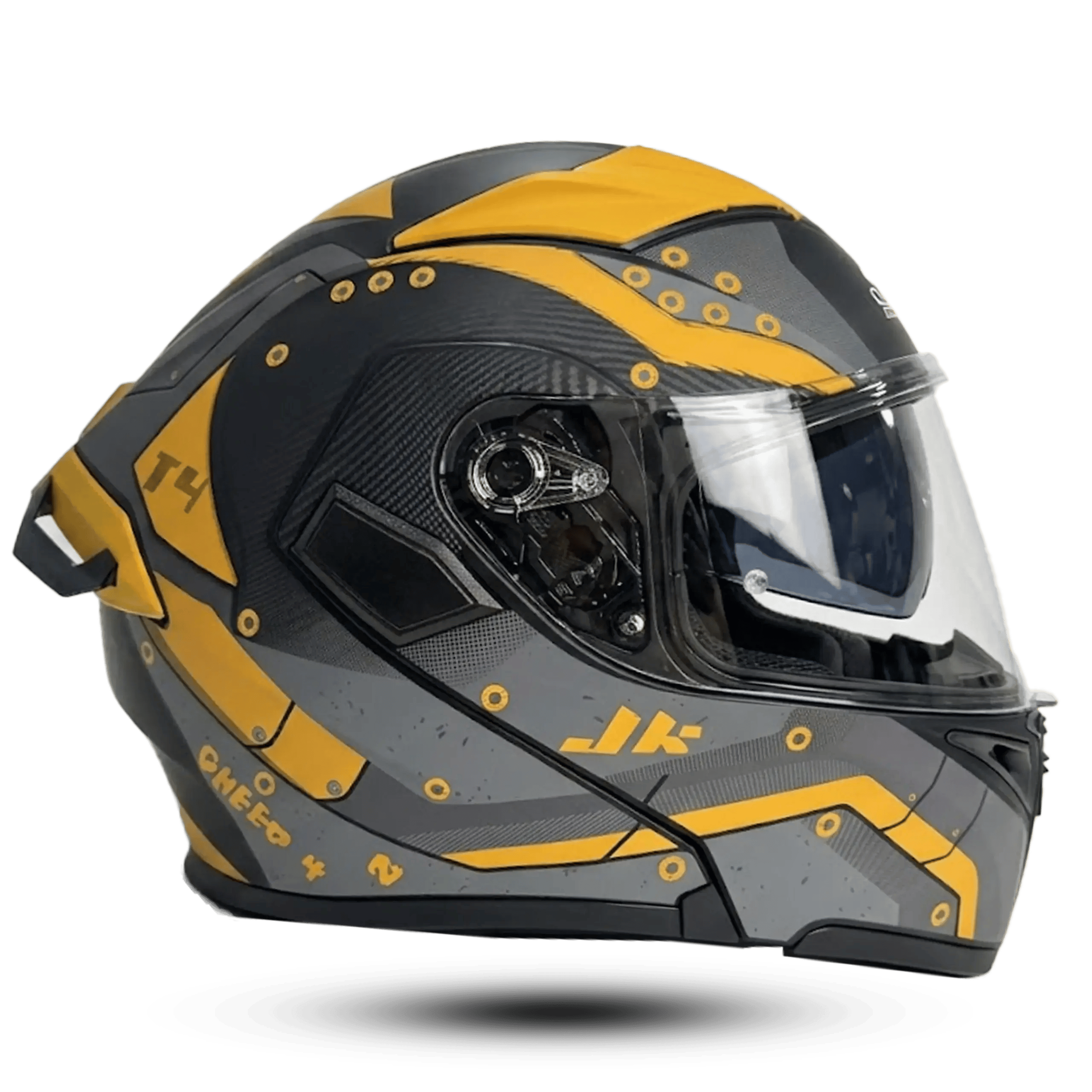 Jiekai 902 modular motorcycle helmet in yellow and grey cyber-mechanical graphic design, featuring a dual-visor flip-up system.