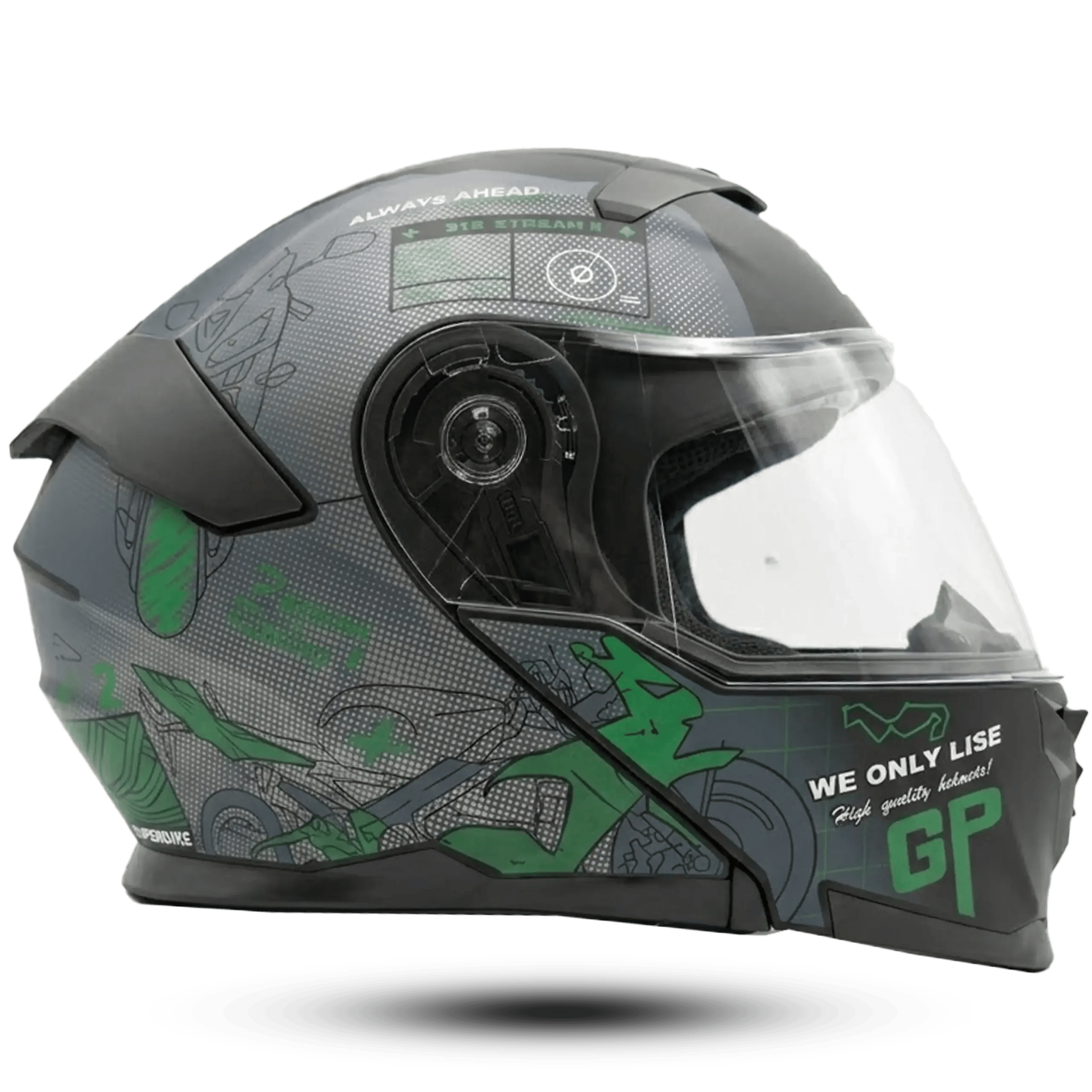 Side View (90° Profile): A high-end matte grey flip-up motorcycle helmet featuring vibrant green racing graphics and a clear scratch-resistant visor, shown from a side-profile angle on a clean white background.