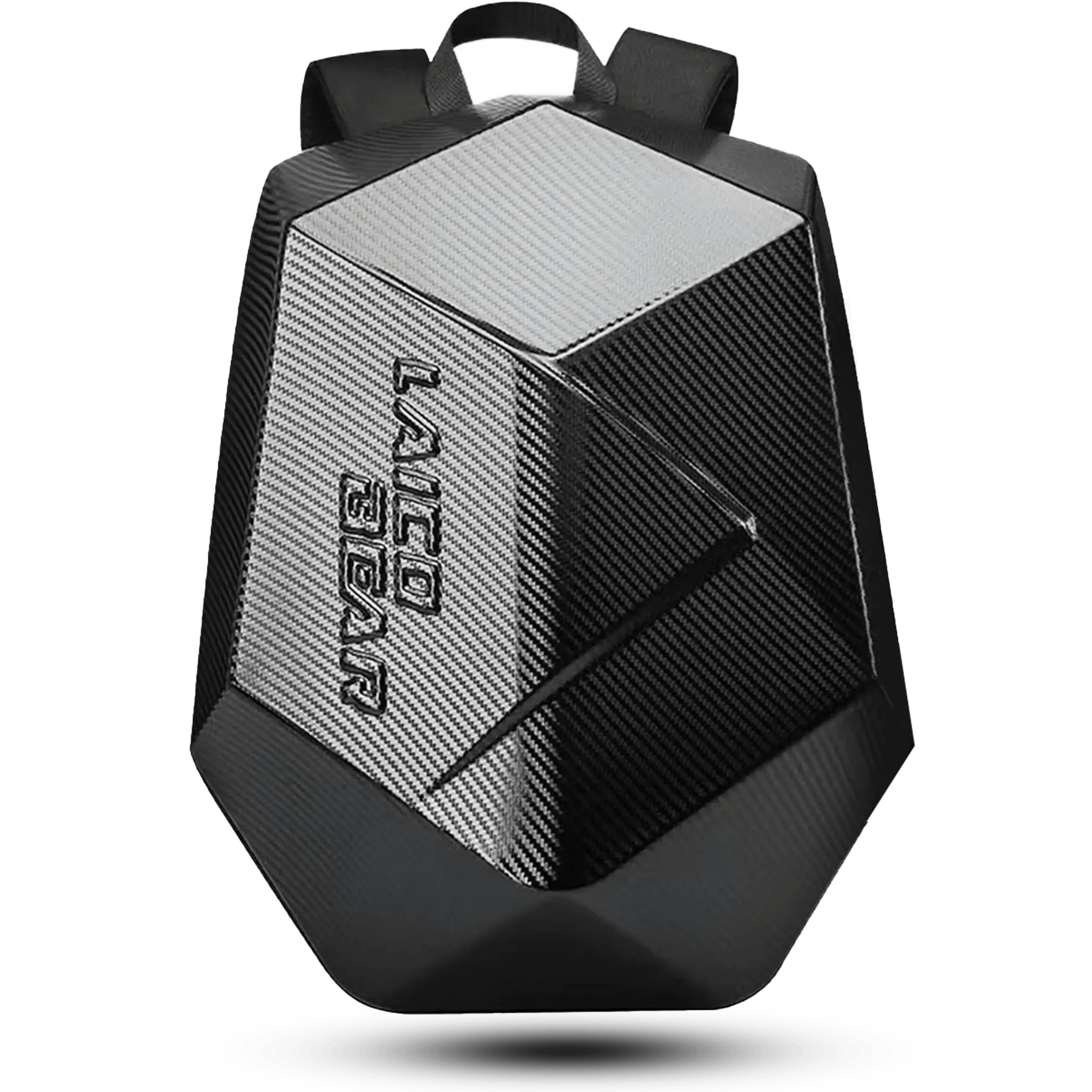 Front view of LAICOBEAR geometric hard shell backpack with carbon fiber texture.