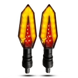 Pair of sharp hexagonal motorcycle LED indicators featuring a red inner DRL accent and bright yellow sequential flowing outer LEDs on a black background.