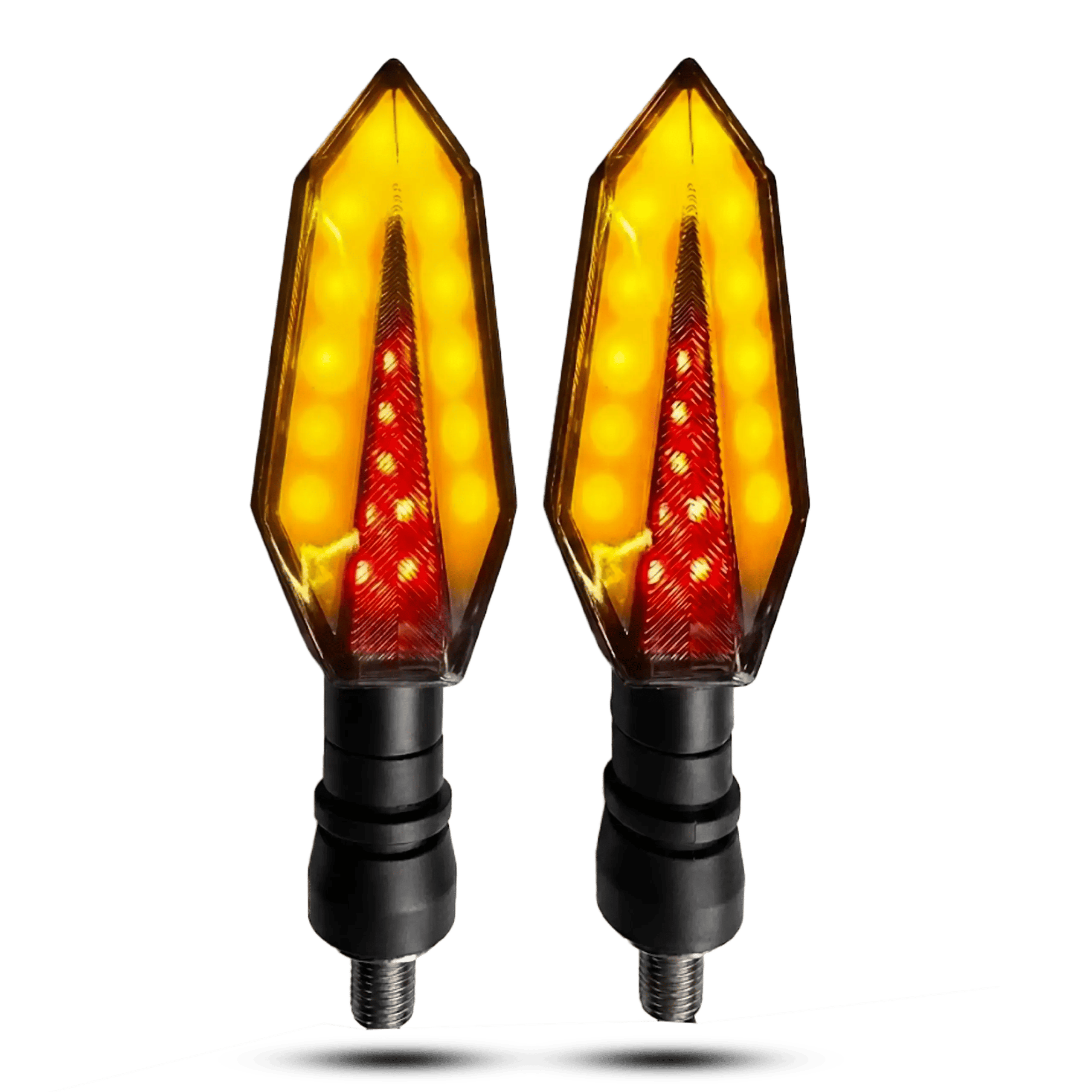 Pair of sharp hexagonal motorcycle LED indicators featuring a red inner DRL accent and bright yellow sequential flowing outer LEDs on a black background.