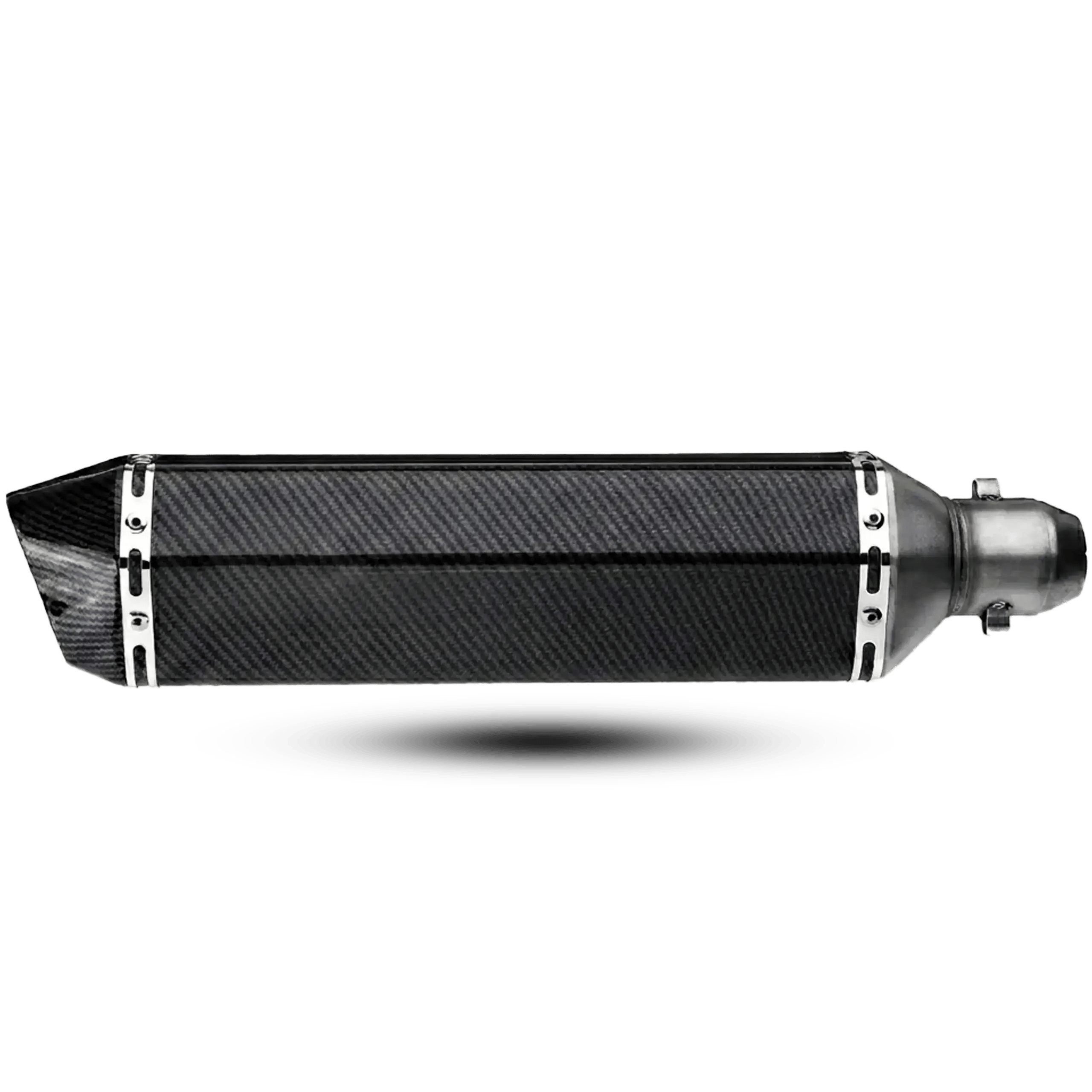A long, hexagonal-shaped carbon fiber motorcycle exhaust muffler featuring dual silver riveted bands and a metal slip-on connection, pictured on a black background.