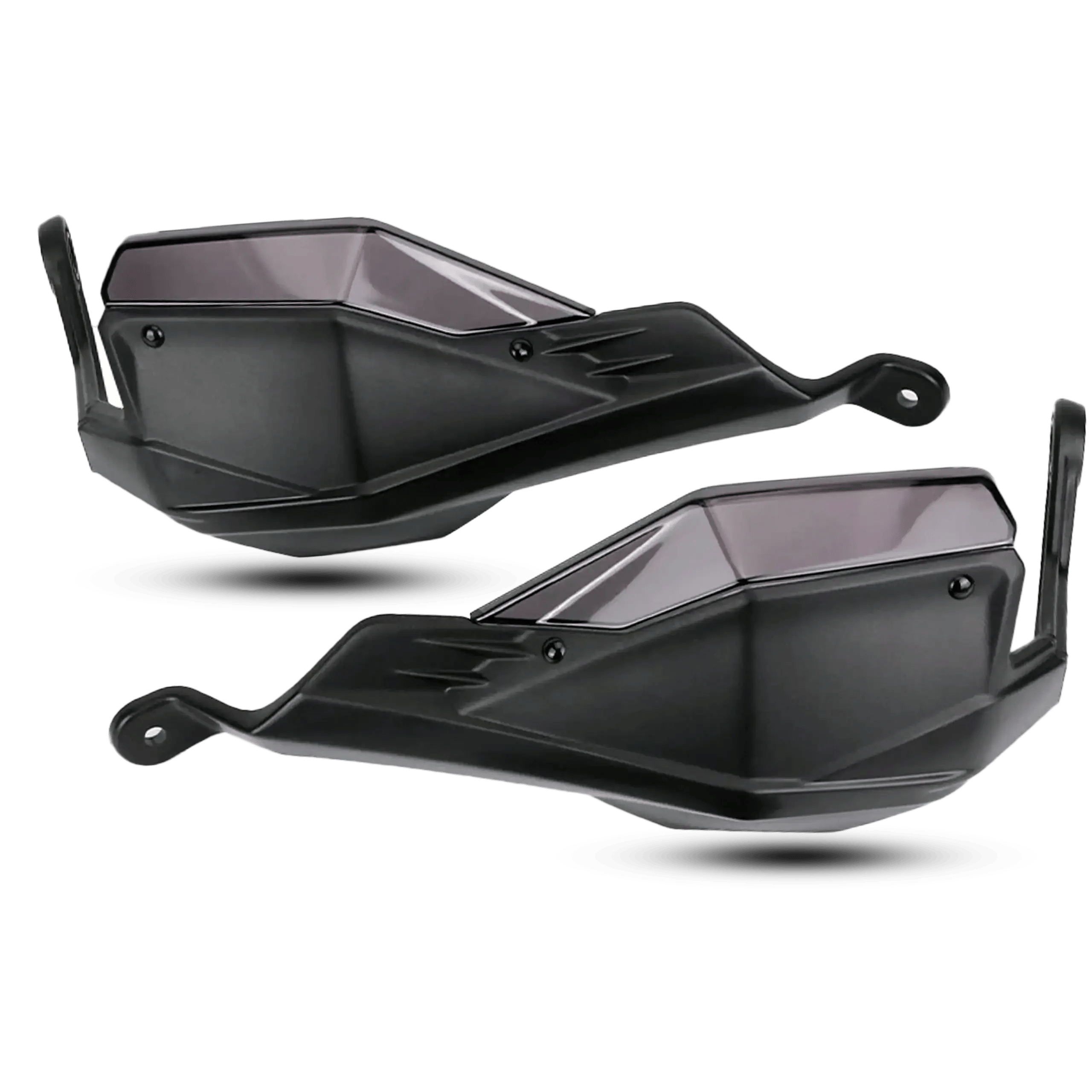 Close-up of black motorcycle handguard installed on a handlebar, showing the smoked wind deflector and sturdy metal mounting bracket protecting the brake lever.