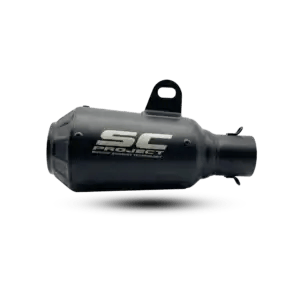 A compact, matte black SC Project motorcycle exhaust featuring "Motoop Exhaust Technology" lettering and a top mounting bracket, isolated on a black background.