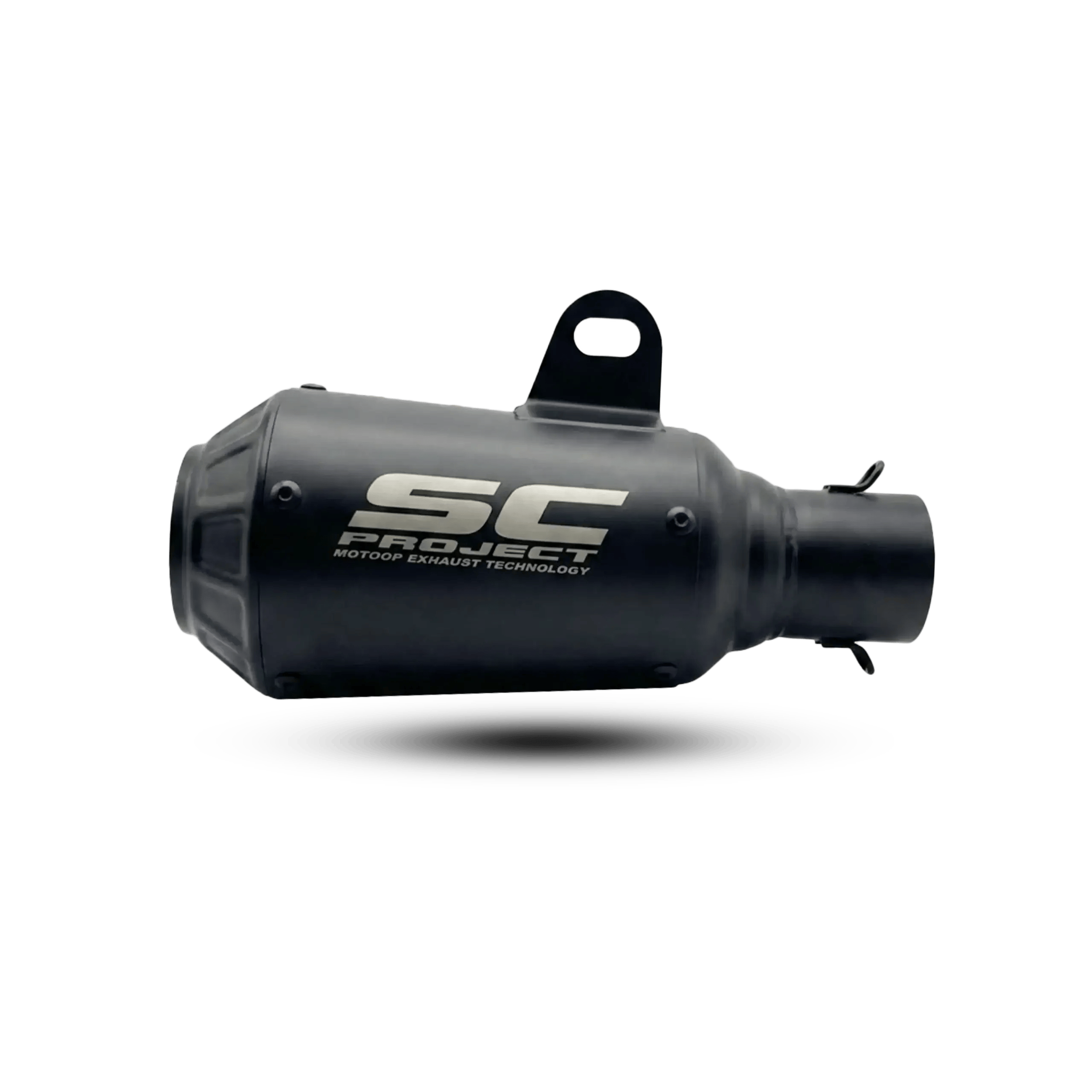 A compact, matte black SC Project motorcycle exhaust featuring "Motoop Exhaust Technology" lettering and a top mounting bracket, isolated on a black background.