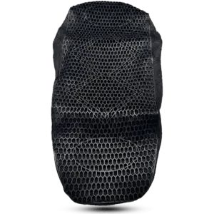Top-down view of a black motorcycle seat cushion featuring a breathable 3D honeycomb mesh structure designed for shock absorption and airflow.