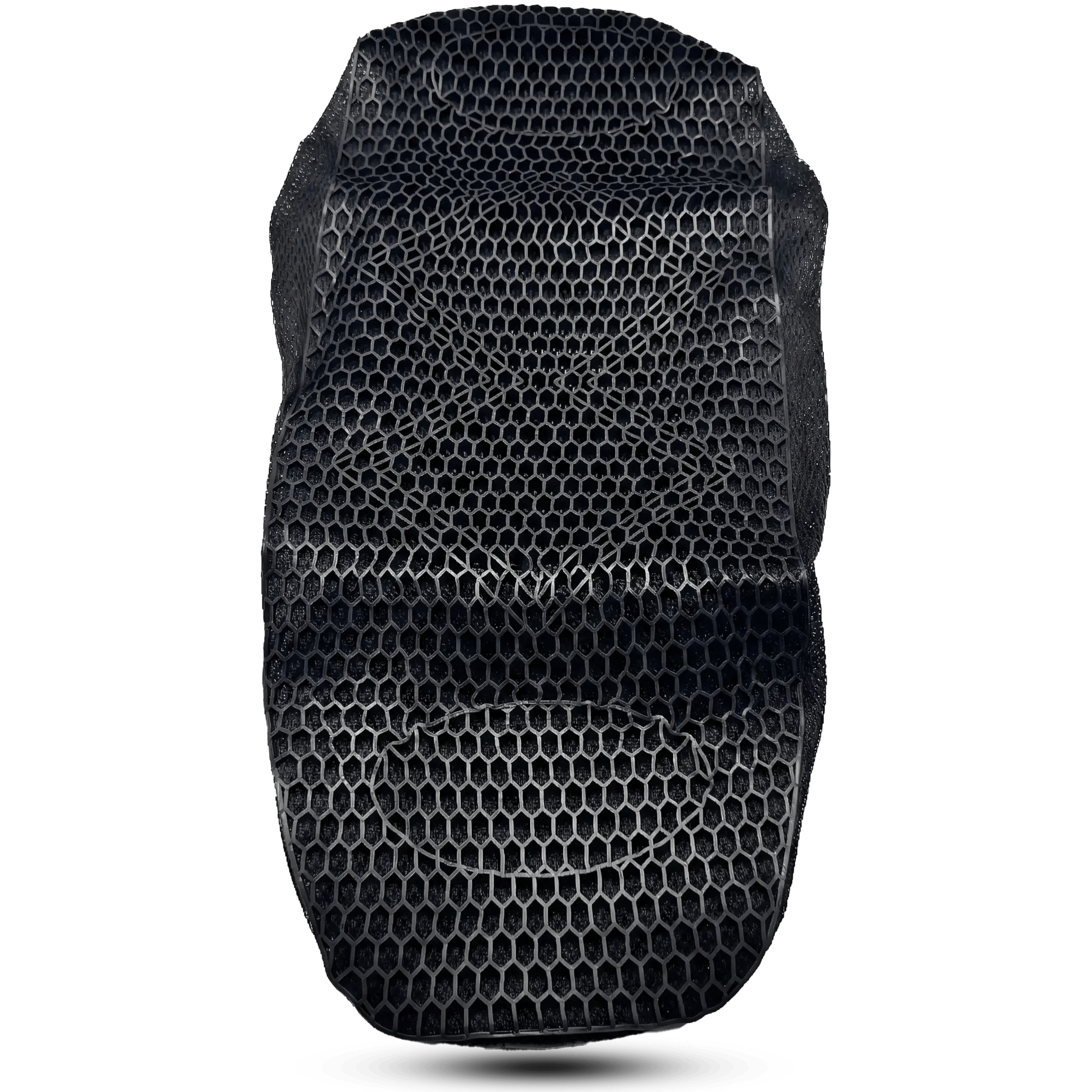 Top-down view of a black motorcycle seat cushion featuring a breathable 3D honeycomb mesh structure designed for shock absorption and airflow.