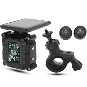 Infographic showing features of motorcycle TPMS including tire pressure monitoring, temperature monitoring, wireless sensing, waterproof rating, and solar charging capabilities.