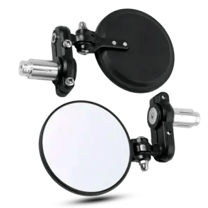 Explainer graphic showing the aluminum alloy main body and convex glass lens of the round bar end mirror for wider field of vision.