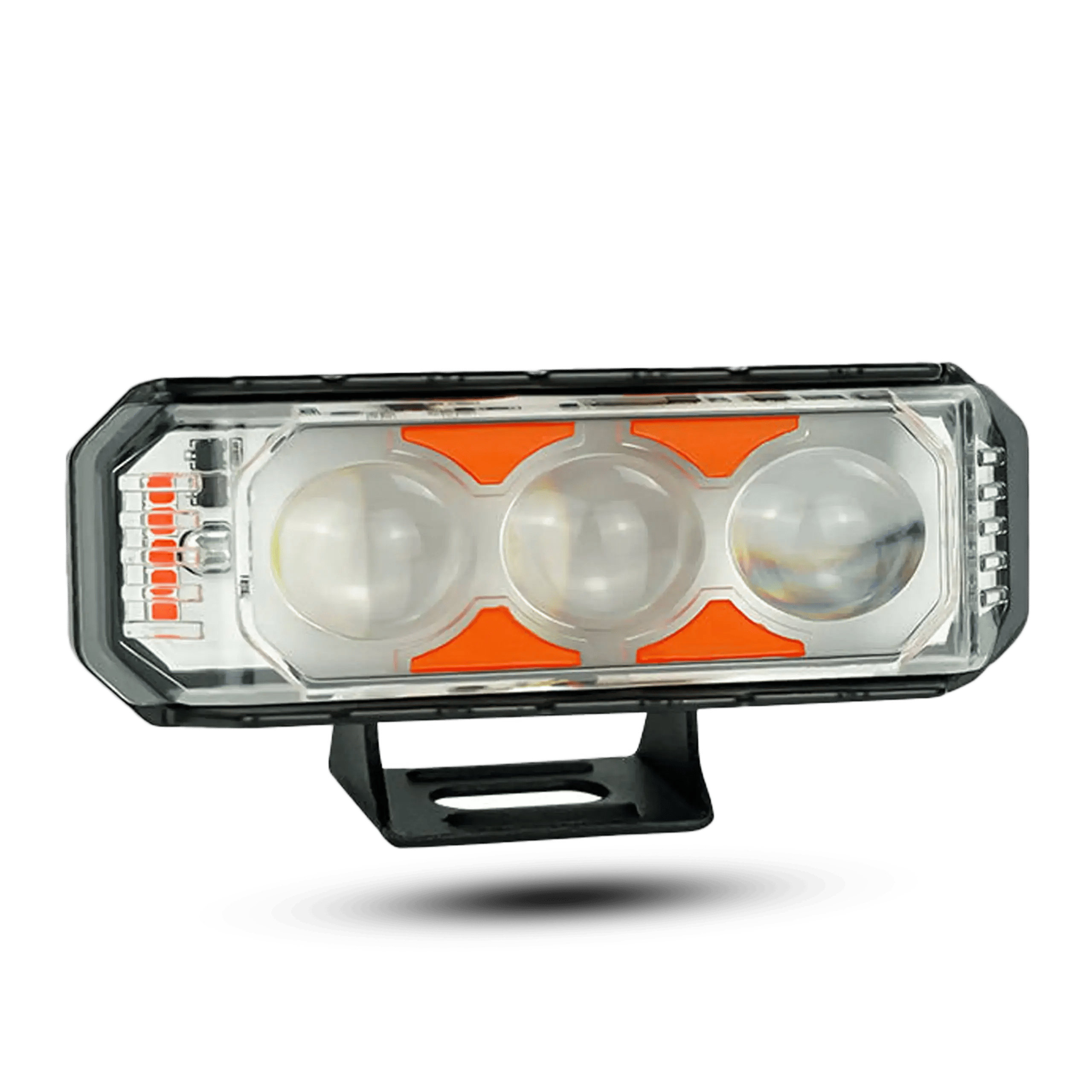 Rectangular 3-lens LED motorcycle light bar with clear transparent housing and orange internal accents, displaying four lighting modes: White, Yellow, Mixed, and Red & Blue Strobe