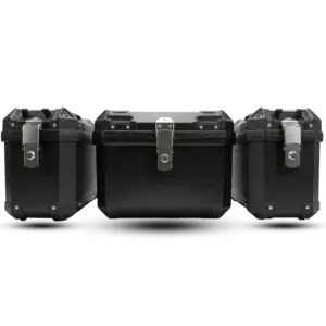 A 3-piece motorcycle luggage set made of simple black plastic, including a top box and two side panniers with an open view showing the grey diamond-quilted interior.