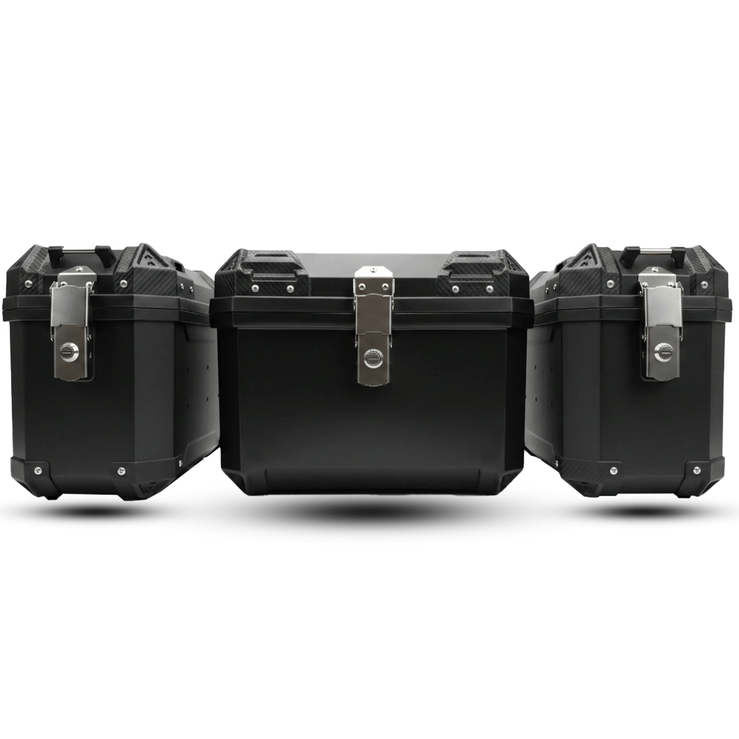 A 3-piece motorcycle luggage set made of simple black plastic, including a top box and two side panniers with an open view showing the grey diamond-quilted interior.