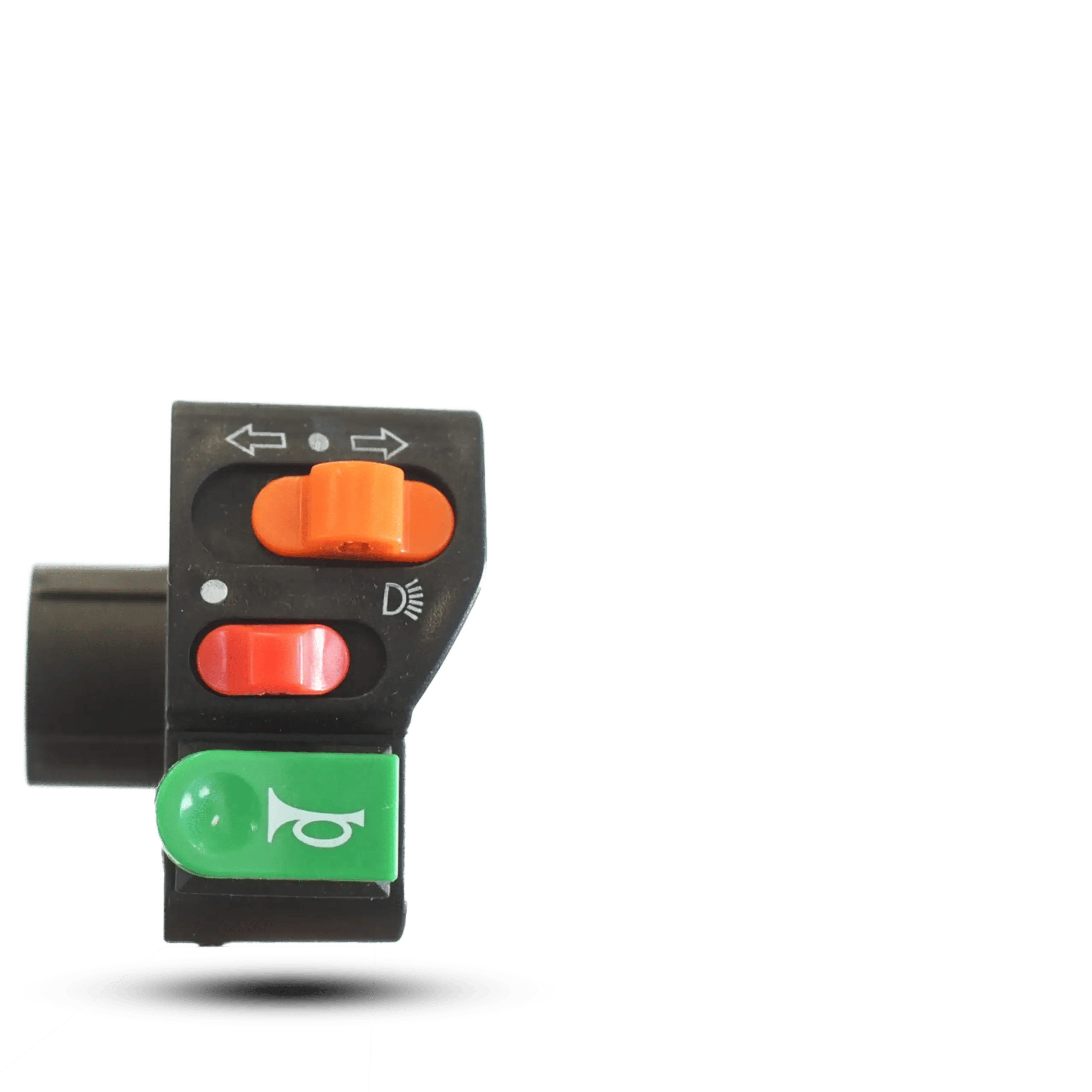 Black motorcycle handlebar switch assembly featuring an orange turn signal slider, red headlight switch, and green horn push button