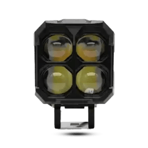 Front view of a square-shaped 4-lens LED off-road light pod featuring large convex projector lenses and a black adjustable mounting bracket.