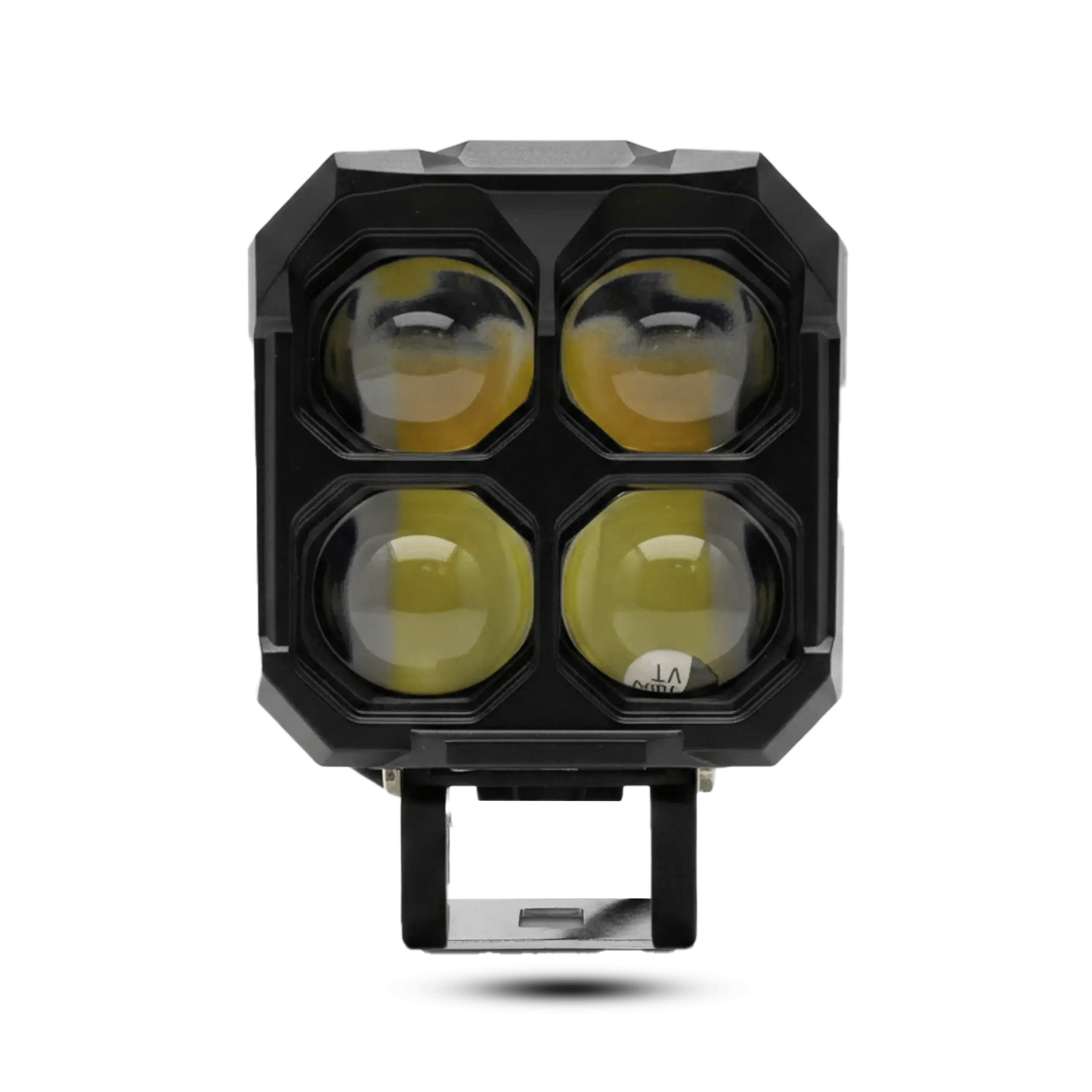 Front view of a square-shaped 4-lens LED off-road light pod featuring large convex projector lenses and a black adjustable mounting bracket.