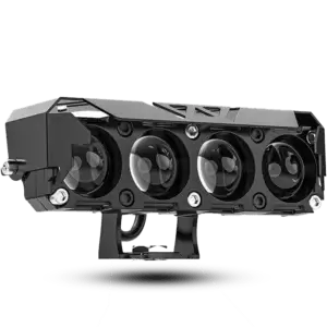 Black aluminum LED light bar featuring four adjacent projector lenses, rugged angular housing, and mounting bracket, shown with beam pattern comparison of yellow low beam and white high beam