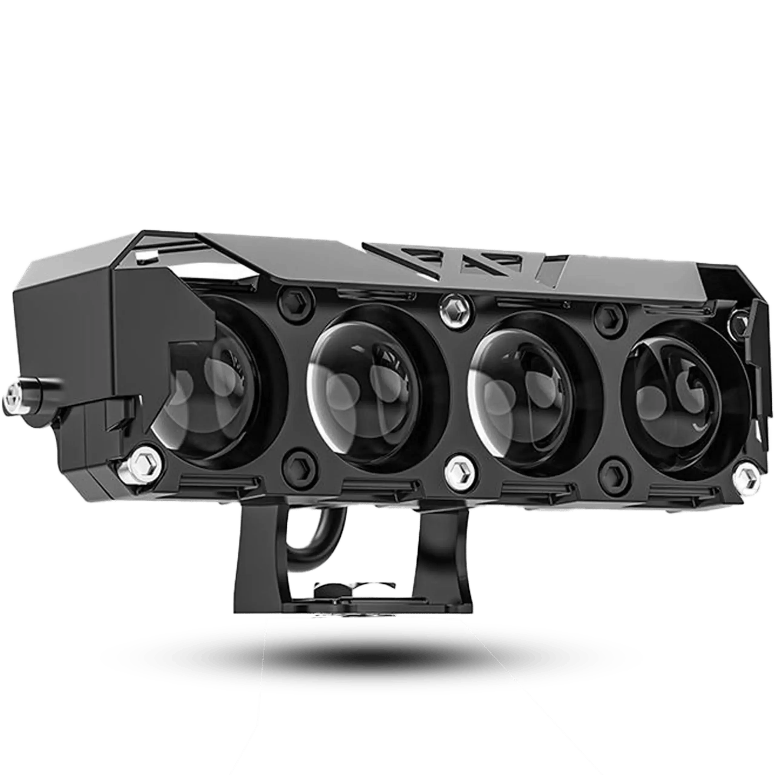 Black aluminum LED light bar featuring four adjacent projector lenses, rugged angular housing, and mounting bracket, shown with beam pattern comparison of yellow low beam and white high beam