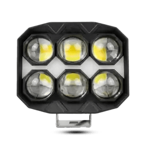Front view of a black 6-lens LED off-road fog light pod with high-definition convex lenses and a stainless steel mounting bracket.