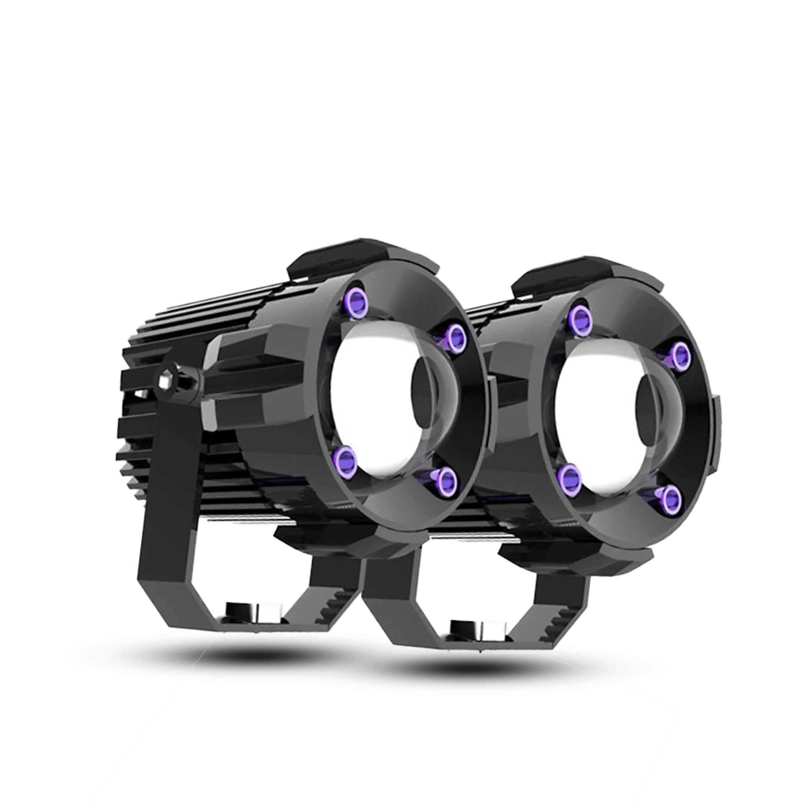 7D TD35-NEW LED motorcycle auxiliary fog lights with dual lens design, black aluminum housing, and mounting hardware, shown with original Lemombo packaging.