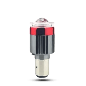 Product collage showing the LED projector bulb's three modes: Purple DRL, Yellow Low Beam, and White High Beam.